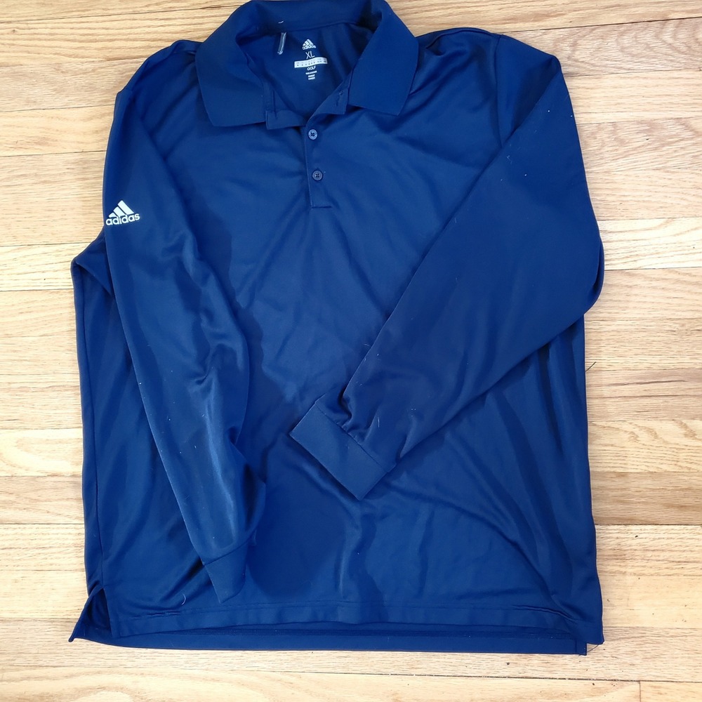 Adidas Golf Mens XL Long Sleeve Polo Shirt Navy Blue Polyester Athleisure Preppy